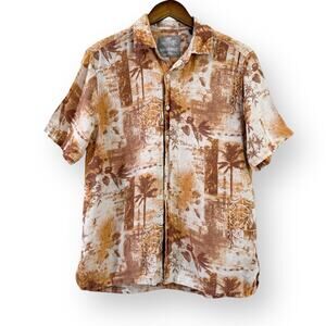 Margaritaville Mens Silk Linen Hawaiian Shirt Size M Short Sleeve Tan Palm Trees